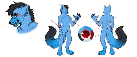 A blue, black-maned character reference with a head portrait, front and back views, and a red eye detail