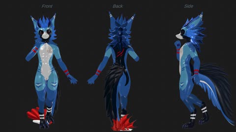 Front, back, and side views of Aero’s blue character, showing pale markings and red accents