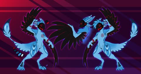Two blue winged versions of Aero with raised claws against a deep red and purple background