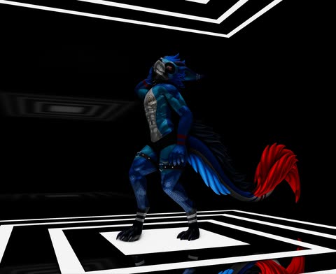 Aero’s blue avatar with a red tail tip in a dark virtual room outlined by bright white lines