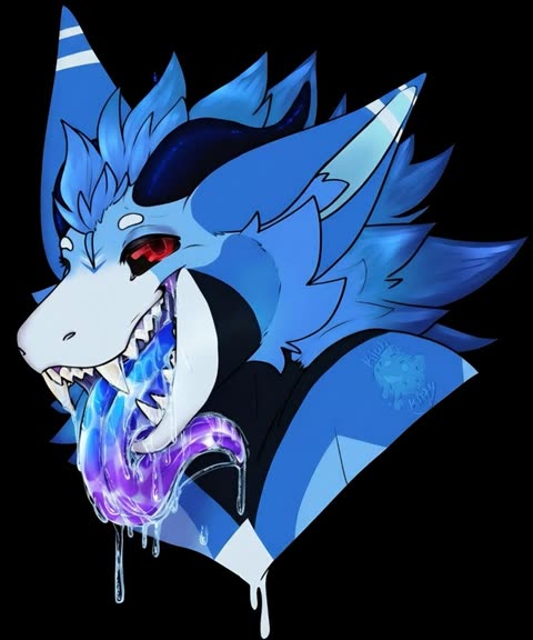 A close illustrated portrait of Aero with layered blue fur, a red eye, and a luminous blue and purple tongue