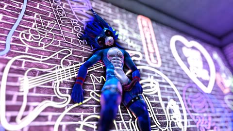 Aero’s avatar beside a brick wall covered in glowing violet and white neon signs