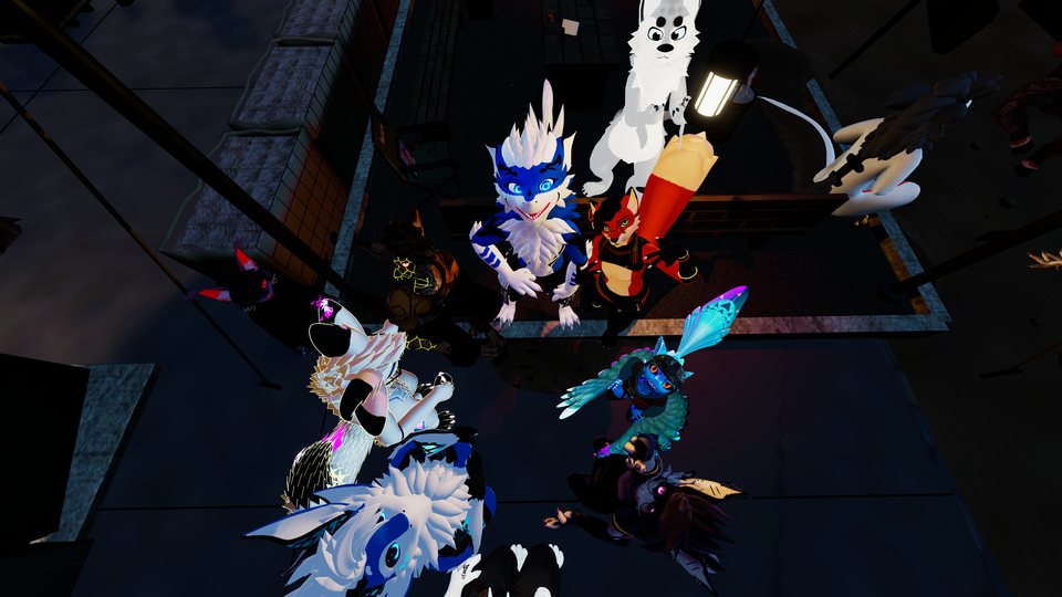 A group of colourful avatars gathered in a dark virtual venue, viewed from above.