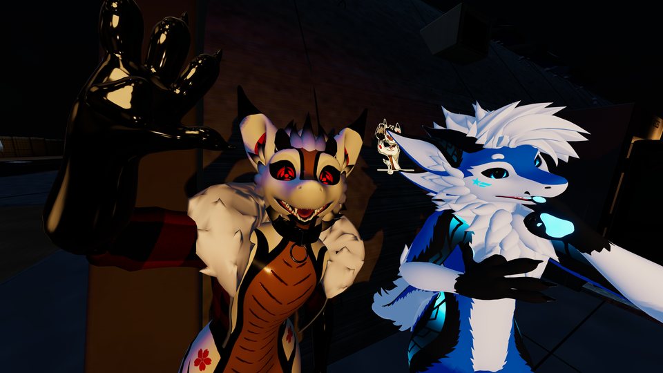 Two dragon avatars posing side by side in the virtual venue.