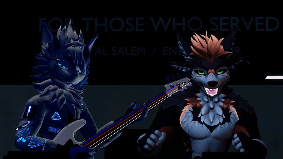 Two avatars posing by the stage, with a guitar visible.