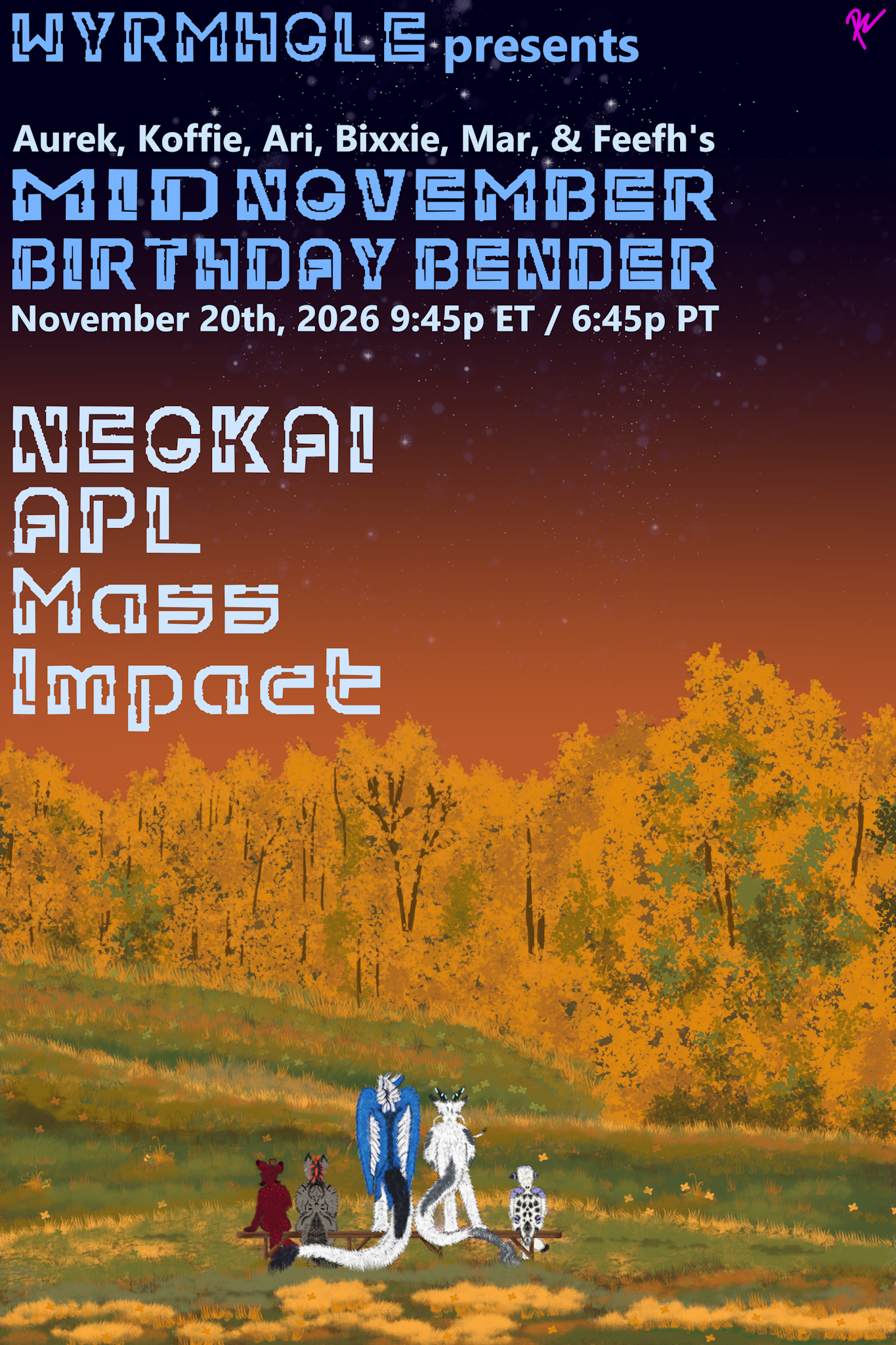 Mid November Birthday Bender poster for November 20, 2026, celebrating Aurek, Koffie, Ari, Bixxie, Mar and Feefh, featuring Impact, Mass, APL and Neokai.